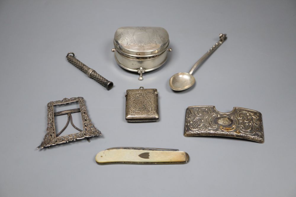 Small silver including miniature Victorian photograph frame, card case, vesta, demi-lune trinket box fruit knife etc.